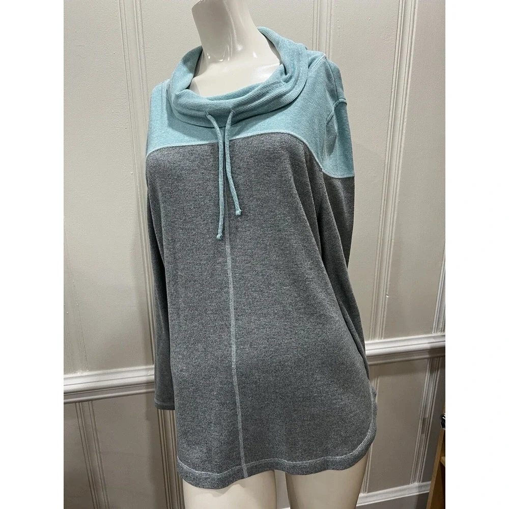 T by Talbot's Teal/Gray Colorblock Cowl Neck Pullover Tunic Top Size XL EUC